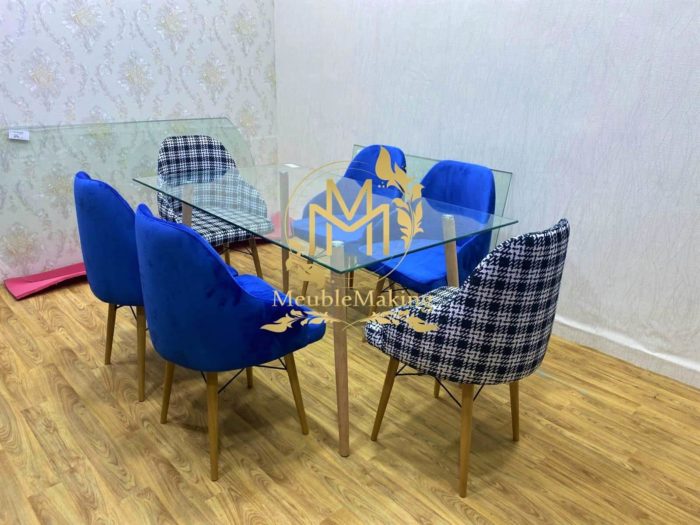 Table à manger rectangulaire verre 6 chaises-Bleu-160
