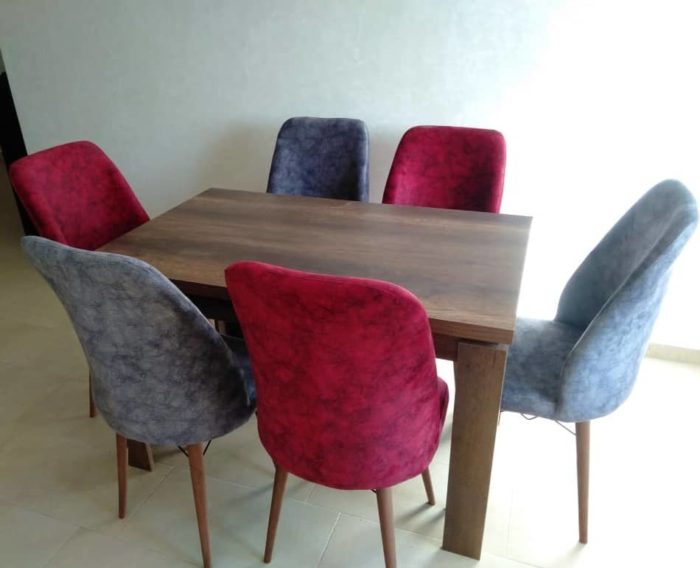 Table à manger-6 chaises-bordeaux-gris-120cm