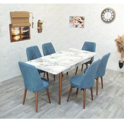 Table à manger 6 chaises bleu-marbré-170cm