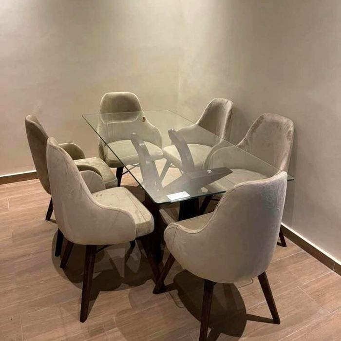 Table verre 6 chaises blanc cassé-TMV01
