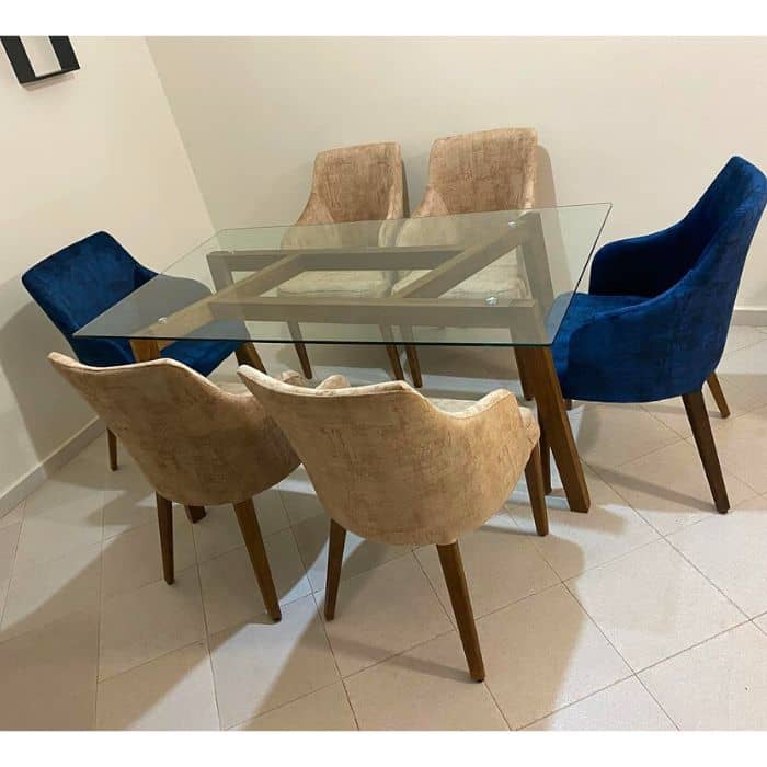 Table à manger 6 chaises-verre-Bleu-Beige