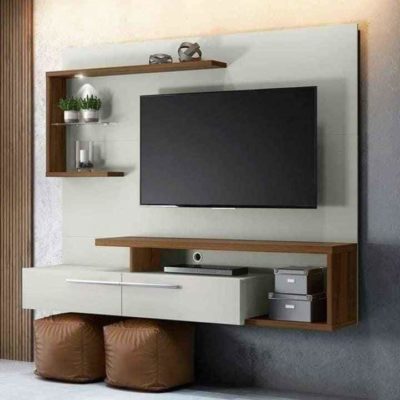 Meuble TV mural avec étagères marron/blanc-MH7