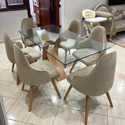 Table verre 6 chaises beiges-SMV03
