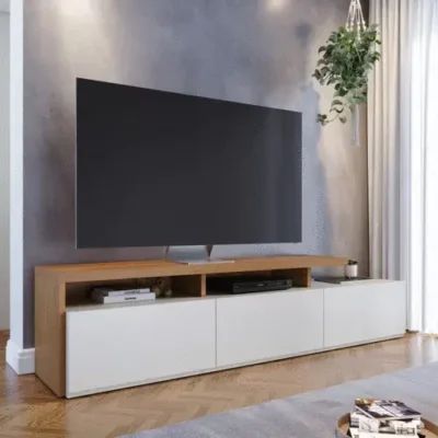 Meuble salon/séjour en mélaminé. Meuble TV (max 55 pouces) avec de l'espace  de rangement. L-H-P : 240-185-41 cm